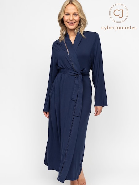 Cyberjammies Blue Nora Rose Lace Detail Jersey Long Sleeve Long Dressing Gown (AW7934) | £49