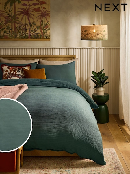 Green Forest Fleece Crinkle Muslin Duvet Cover and Pillowcase Set (AW7992) | £32 - £62