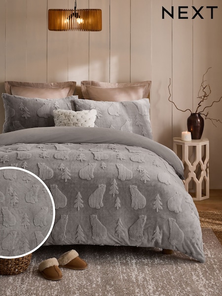 Grey Polar Bear Christmas Faux Fur Icons Duvet Cover and Pillowcase Set (AW7998) | £50 - £80