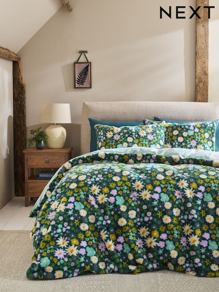 Blue Floral Faux Fur Duvet Cover and Pillowcase Set (AW8012) | £50 - £80
