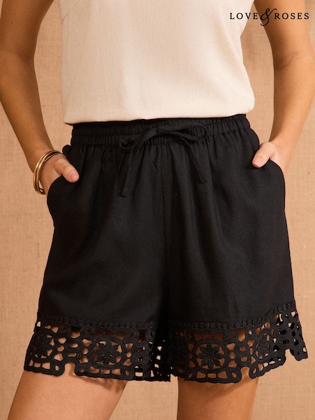 Love & Roses Black Crochet Trim Drawstring Shorts (AW8241) | £36