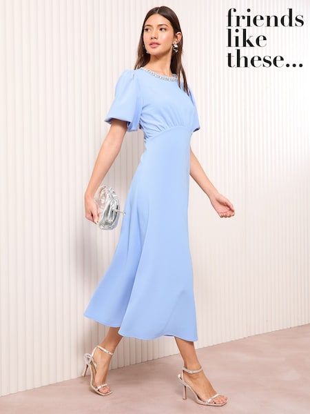 Friends Like These Blue Scuba Midi Dress With Diamante Necklace Trim (AW8285) | £55