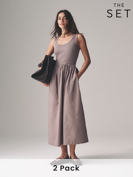 The Set Black/Taupe 2 Pack Ribbed Vest Jersey Woven Mix Midi Dress (AW8438) | £35