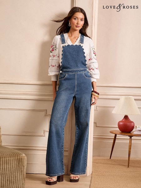Love & Roses Mid Wash Blue Petite Scallop Edge Denim Dungarees (AW8440) | £58