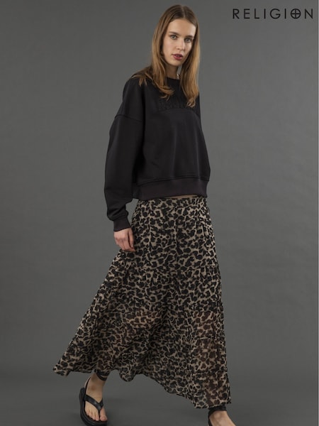Religion Black Tiered Boho Style Citrine Maxi Skirt In Leopard Animal Print (AW8449) | £58