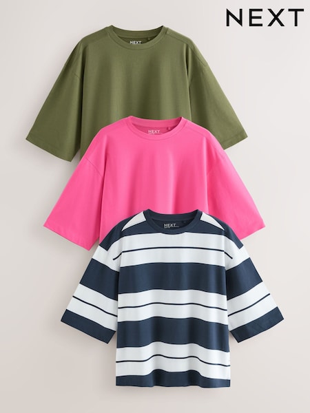 Pink/Khaki/Stripe Elbow Length Crew Neck 100% Cotton T-Shirts 3 Pack (AW8508) | £30.50