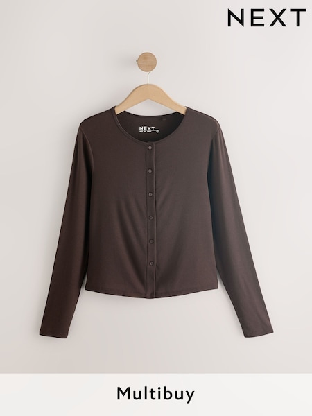 Chocolate Brown Soft Touch Ribbed Long Sleeve Button Through Cardigan with Containing TENCEL™ Lyocell (AW8509) | £22