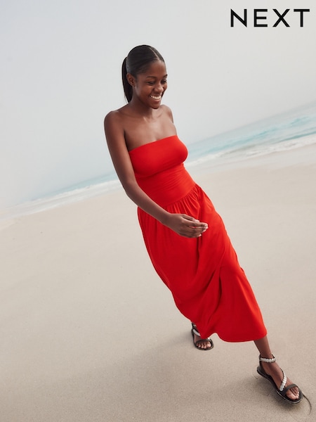 Red Drop Waist Bandeau Maxi Length Jersey Dress (AW8511) | £24