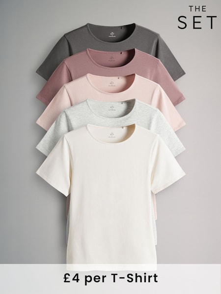 The Set Slate Grey/Dark Pink/Pink/Cream/Grey Marl 5 Pack Short Sleeve Fitted Crew Neck T-Shirts (AW8599) | £20