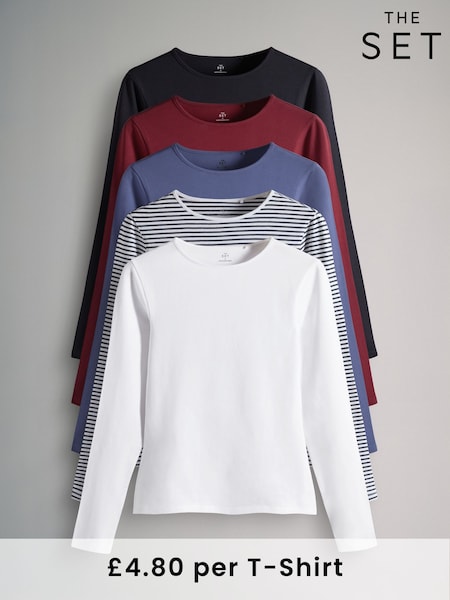 The Set Navy/Washed Blue/Red/White/Stripes 5 Pack Fitted Long Sleeve Crew Neck T-Shirts (AW8601) | £26
