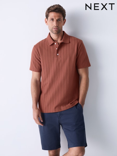 Rust Red Regular Fit Textured Button Neck 100% Cotton Polo Shirt (AW8652) | £32