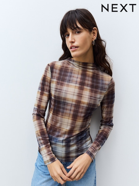 Brown Check High Neck Long Sleeve Mesh Top (AW8675) | £24
