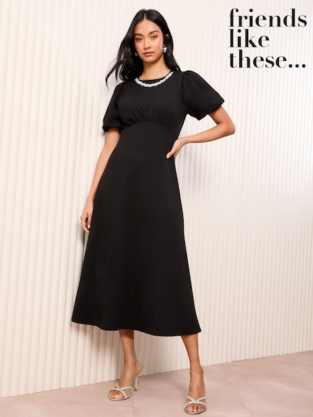 Friends Like These Black Petite Scuba Midi Dress With Diamante Necklace Trim (AW8676) | £55