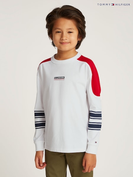 Tommy Hilfiger White Archive Fit Monotype Striped Long Sleeves 100% Cotton T-Shirt (AW8704) | £29