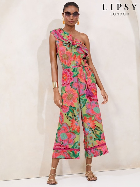 Lipsy Green Floral One Shoulder Ruffle Printed Coulotte Jumpsuit (AW8707) | £48