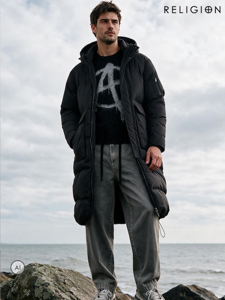 Black - Regular Religion Mid-length Hooded Padded Puffer Coat