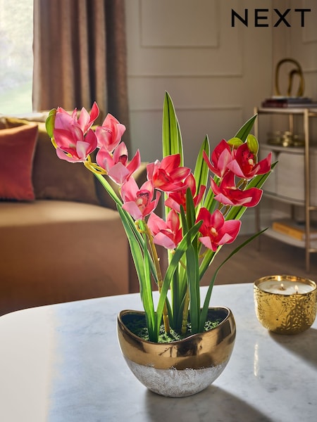 Pink Artificial Orchid In Gold Ceramic Pot (AW8753) | £55
