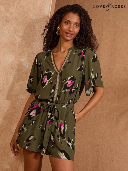 Love & Roses Khaki Green Angel Sleeve Beaded Playsuit (AW8878) | £56