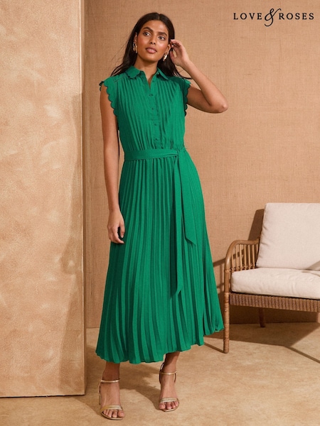 Love & Roses Green Pleated Tipped Scallop Midi Shirt Dress (AW8893) | £62