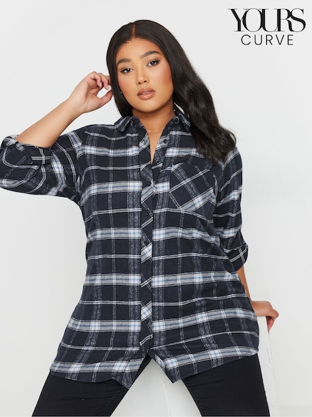 Yours Curve Blue Brushed Check 100% Cotton Shirt (AW8988) | £29