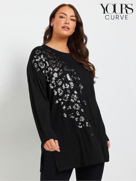 Yours Curve Black Sequin Leopard Print Long Sleeve Top (AW8990) | £24