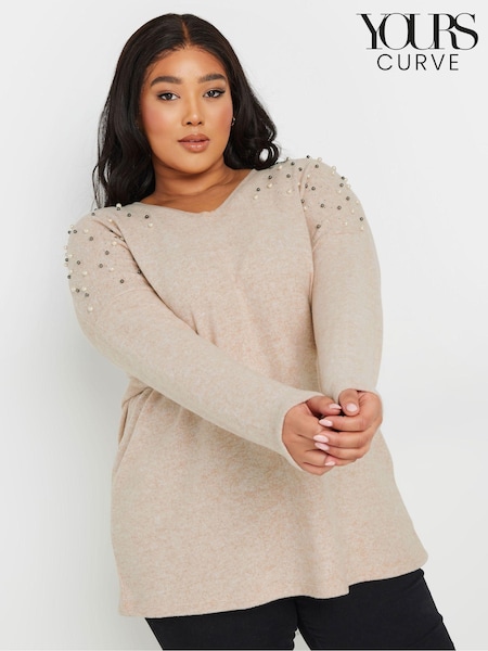 Yours Curve Natural Brown Pearl Embellished Jumper (AW9007) | £34
