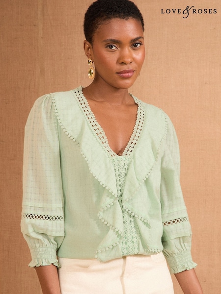 Love & Roses Green Petite Texture Ruffle Detail 3/4 Sleeve Blouse (AW9088) | £39