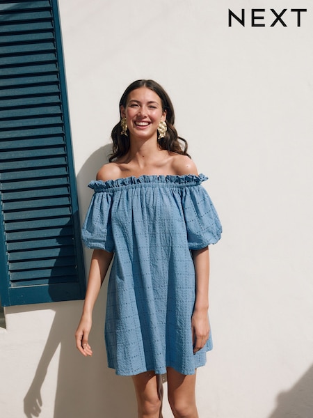 Blue Off Shoulder Broderie Mini Dress (AW9301) | £46
