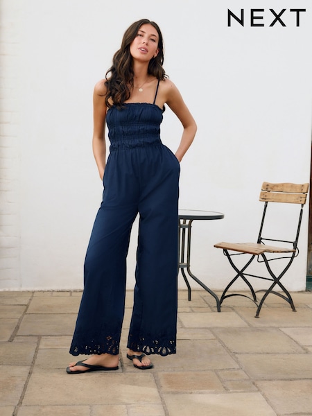 Navy Shirred Wide Leg 100% Cotton Jumpsuit (AW9302) | £49