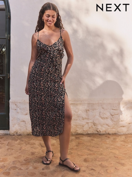 Black/Pink Ruffle Midi Slip Summer Dress (AW9303) | £25