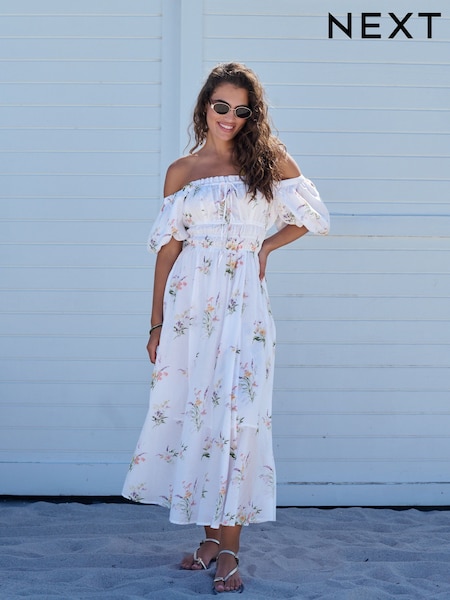 White Ground Puff Sleeve Midi Dress (AW9304) | £56