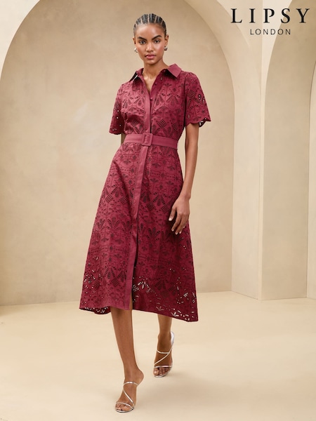 Lipsy Burgundy Red Premium Broderie Lace Belted 100% Cotton Shirt Midi Dress (AW9323) | £155