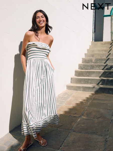 Green/Ecru Print Bandeau Frill Summer Midi Dress (AW9439) | £34