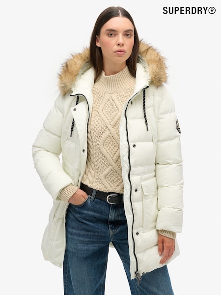 Superdry White Everest Mid Faux Fur Puffer Jacket (AW9519) | £150