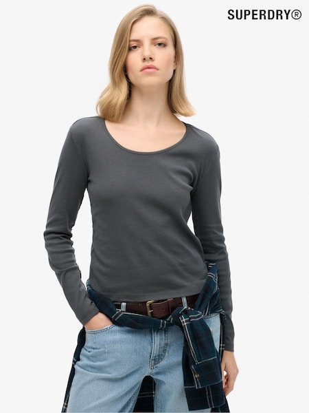 Superdry Black Fine Rib Scoop Neck Long Sleeve 100% Cotton Top (AW9520) | £23