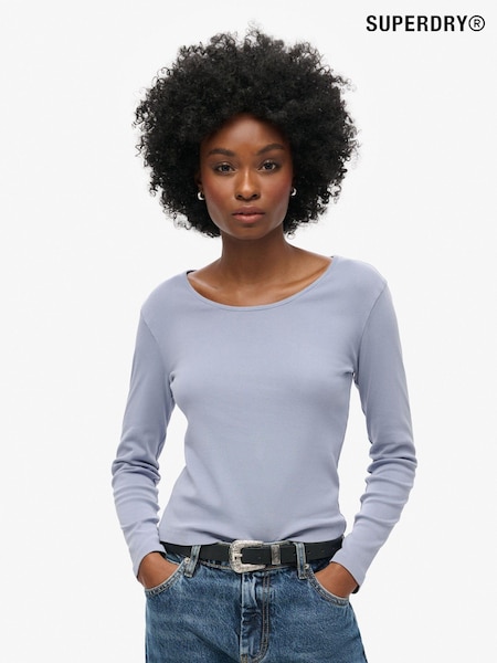 Superdry Blue Fine Rib Scoop Neck Long Sleeves 100% Cotton Top (AW9521) | £23