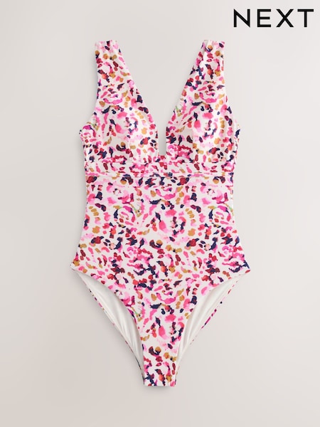 White/Burgundy Amimal Plunge Shaping Tummy Control Swimsuit (AW9604) | £40