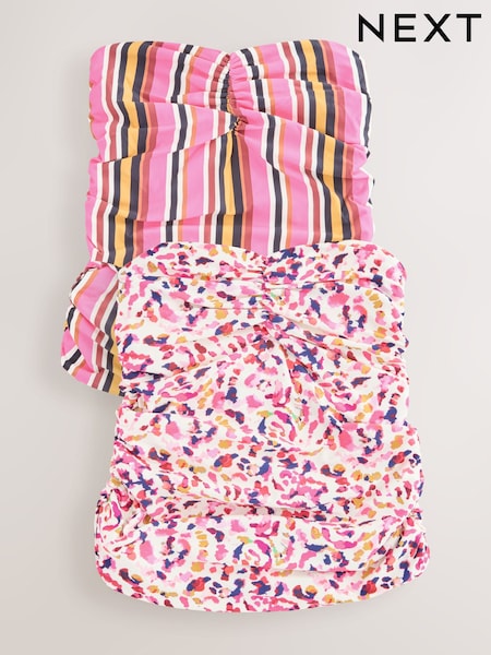 Cream/Pink Animal Reversible Ruched Bandeau Tankini Top (AW9628) | £32