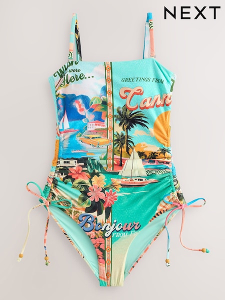 Blue/Yellow Scenic Print Bandeau Ruched Leg Tummy Control Shaping Swimsuit (AW9908) | £46