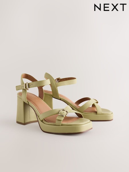 Lime Green Forever Comfort® Leather Square Toe Strappy Buckle Detail Platform Block Heels (AW9933) | £54