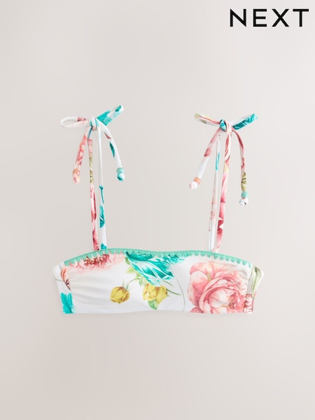 White/Pink Floral High Shine Whipstitch Bikini Top (AW9934) | £30