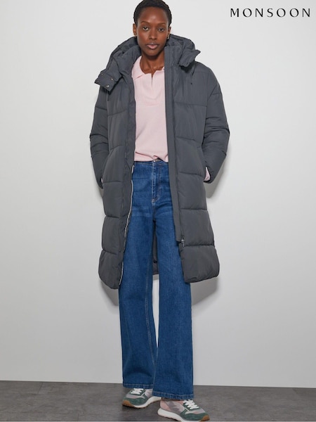 Monsoon Grey Lissy Long Hooded Puffer Coat (AW9981) | £150