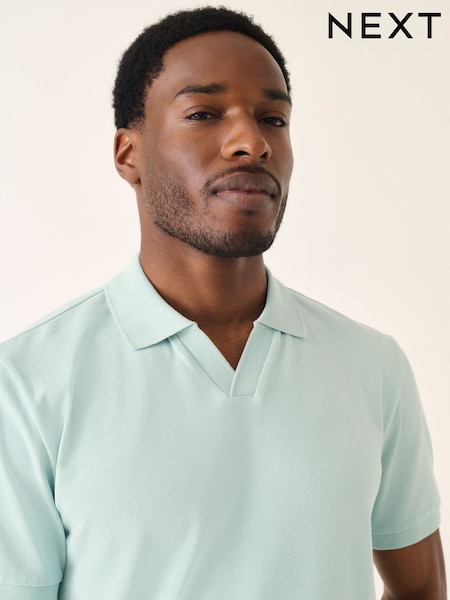 Aqua Blue Short Sleeve Cuban Collar Pique Polo Shirt (AY0256) | £18
