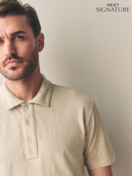 Neutral Brown Signature Polo Shirt With Linen (AY0269) | £28