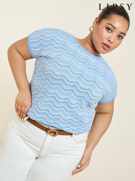Lipsy Blue Curve Stripe Stitch Sparkly Relaxed Summer Knit Top (AY0365) | £38