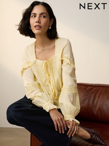 Yellow 100% Cotton Prairie Style Long Sleeve Blouse with Adjustable Tie (AY0479) | £42