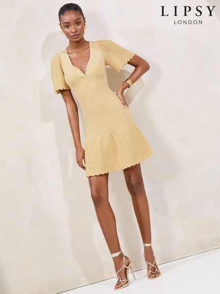 Lipsy Yellow Petite Knitted Metallic Sparkle V-Neck Flute Sleeve Mini Dress (AY0650) | £62
