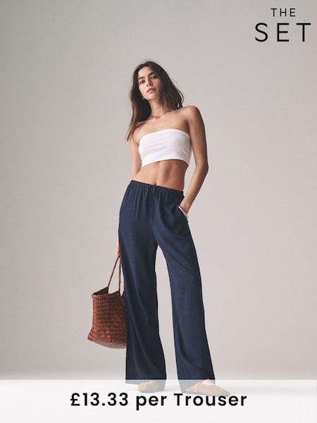 The Set Navy/White/Pink Stripe Pull On Wide Leg Trousers 3 Pack With Linen (AY0752) | £40