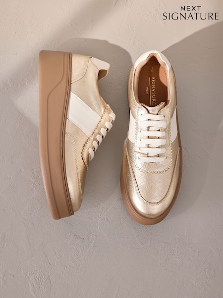 Gold Lace Up Signature Premium Leather Chunky Wedge Lace-Up Trainers (AY0816) | £54