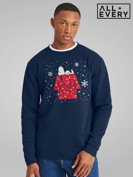 All + Every Blue Mens Peanuts Christmas Snoopy Festive Lights Snowflakes  Sweatshirt (AY0841) | £35